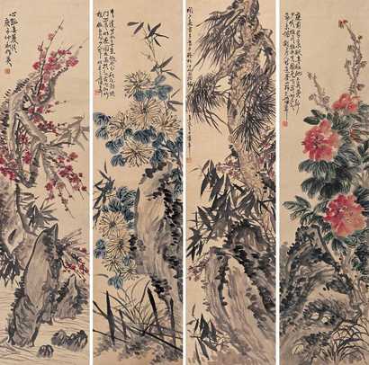 蒲华 1900年作 花卉 四屏